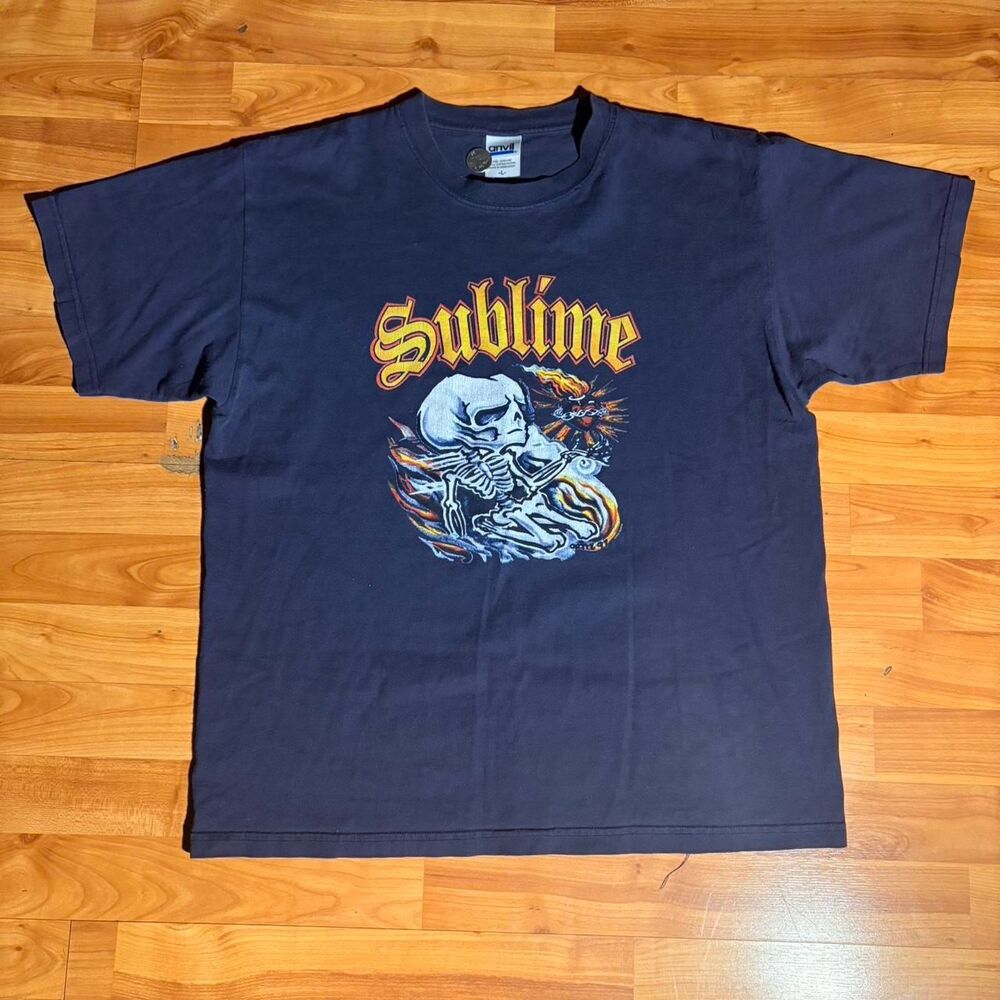 Vintage Sublime Skull Flame Black Tee Size L Punk Rock Skater Shirt